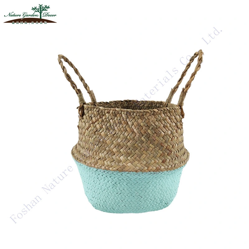 Small Belly Baskets Seagrass for Plants and Flowers Decor Blue Woven Basket Storage