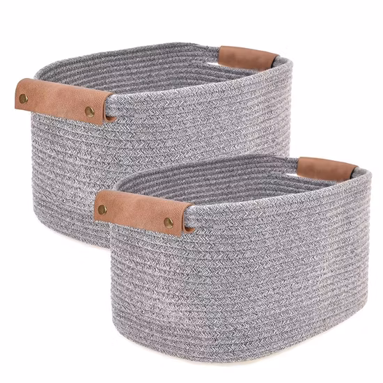 대형 회색 흰색 짠 세탁물 라운드 저장 면 로프 바구니