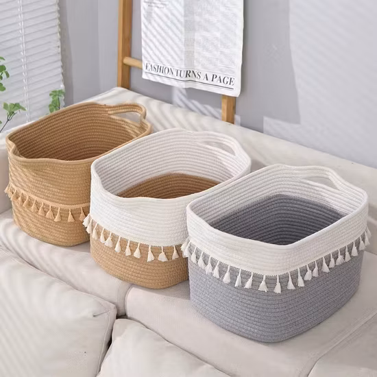 도매 접이식 수제 면화 로프 짠 보관 바구니